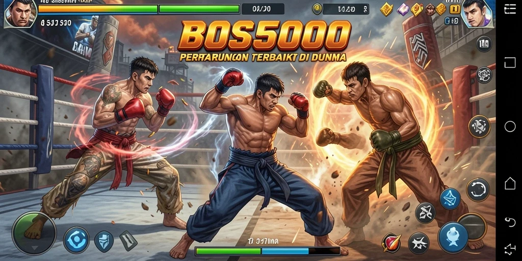 Screenshot gameplay BOS5000 memperlihatkan karakter bertarung dengan intensitas tinggi.