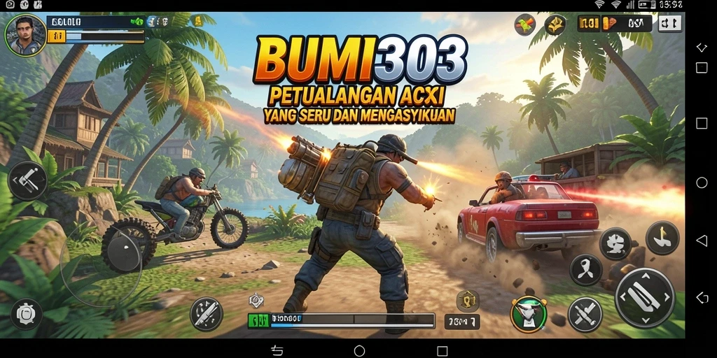 Tangkapan layar utama BUMI303 menampilkan aksi seru dan karakter yang dinamis.