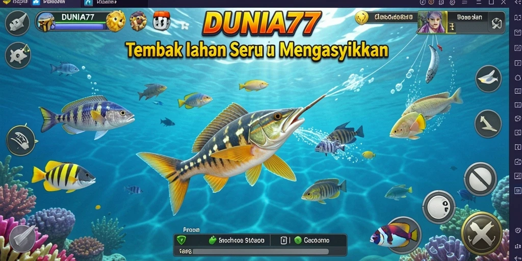 Tampilan gameplay DUNIA77 yang menarik saat memburu ikan berwarna-warni.