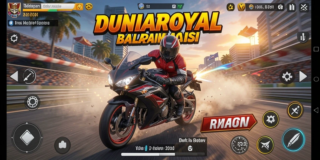 Tampilan gameplay menegangkan di DUNIAROYAL dengan motor racing yang penuh aksi.