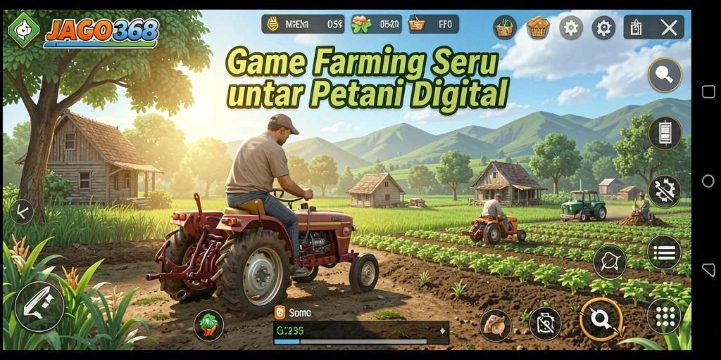 Screenshot utama JAGO368 menampilkan petani sibuk di ladang yang hijau.