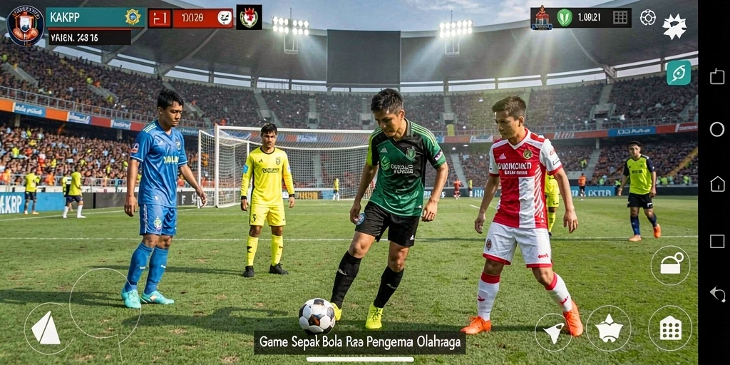 Screenshot gameplay KAKRP yang menampilkan aksi lapangan sepak bola.