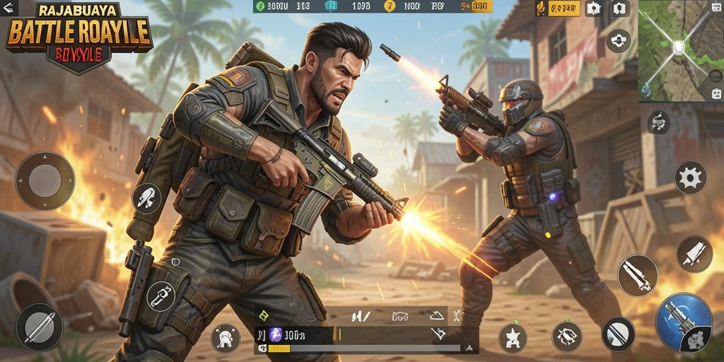 Tangkapan layar dari gameplay Battle Royale RAJABUAYA menunjukkan aksi pertempuran yang intens.