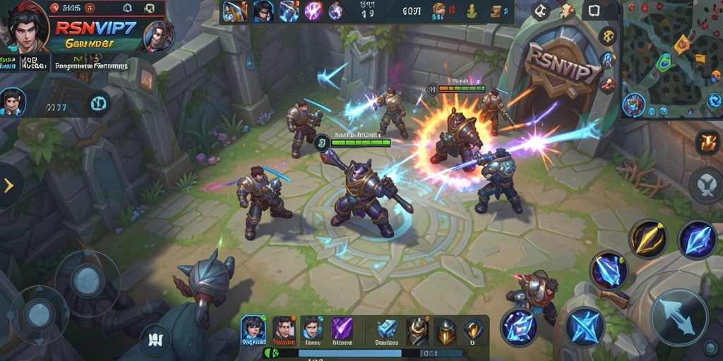 Tangkapan layar utama RSNVIP7 menampilkan pertempuran epik dalam gameplay MOBA.