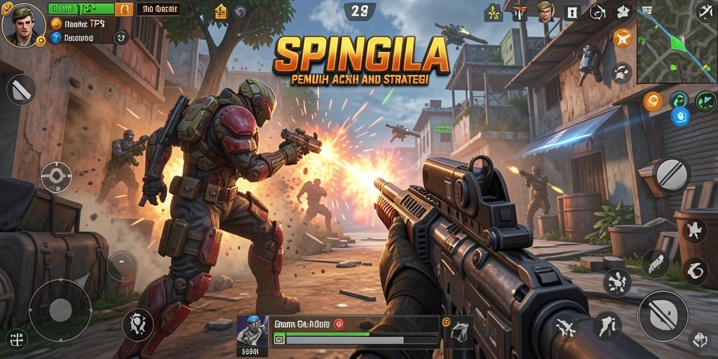 Tangkapan layar SPINGILA menampilkan aksi pertempuran seru dalam mode TPS.